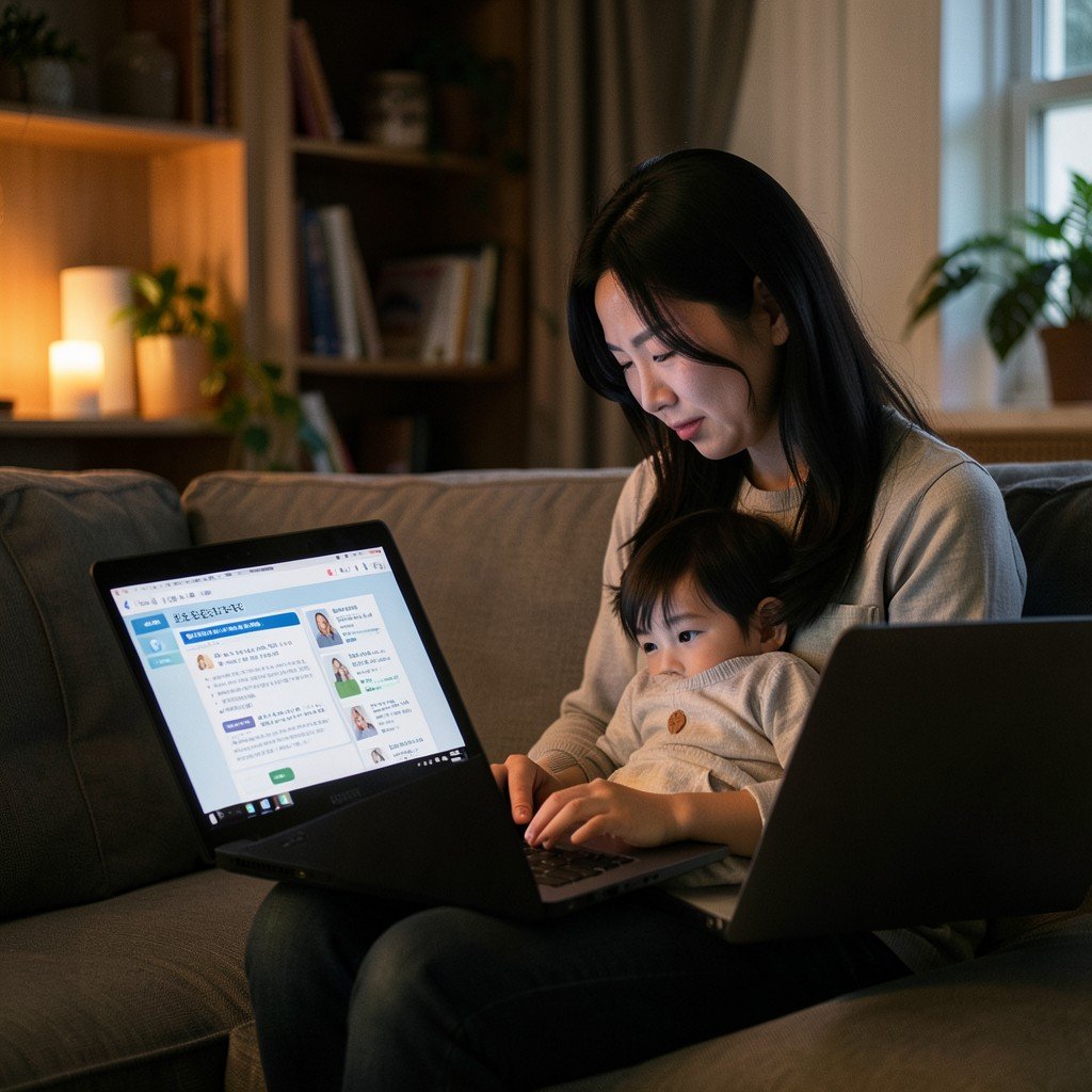 A tired but loving Korean mother sitting on a couch at night using a laptop to research medical information for her child with a rare disease, warm living room lighting, natural lifestyle photography, 4:3