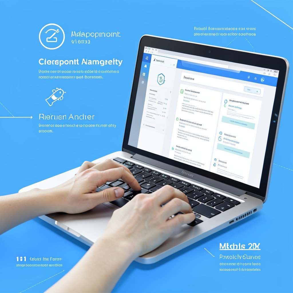 Hands typing on a laptop keyboard showing a clean modern medical appointment and document management interface, informational clean infographic style, blue tone background, 1:1