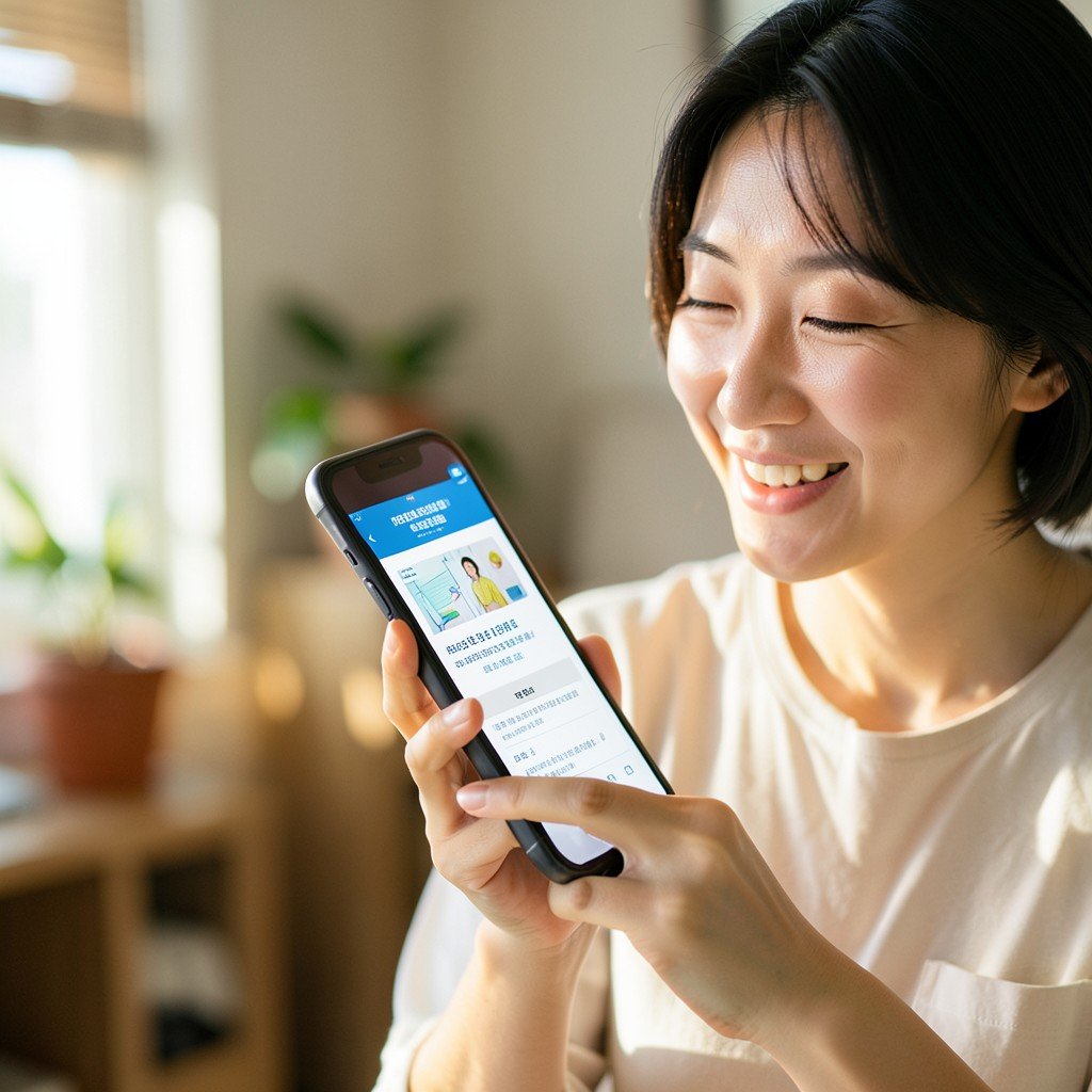 A Korean parent holding a smartphone reading medical community support information with a hopeful expression, warm natural lighting, lifestyle photography, blurred home background, 4:3