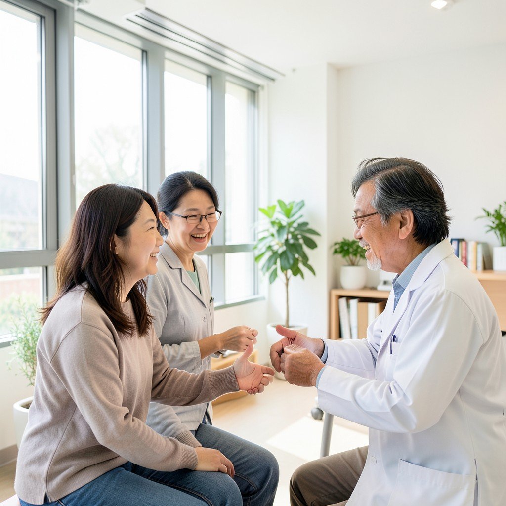 A Korean family having a consultation with a doctor in a modern bright clinic, professional and warm atmosphere, natural expressions, lifestyle photography, 1:1