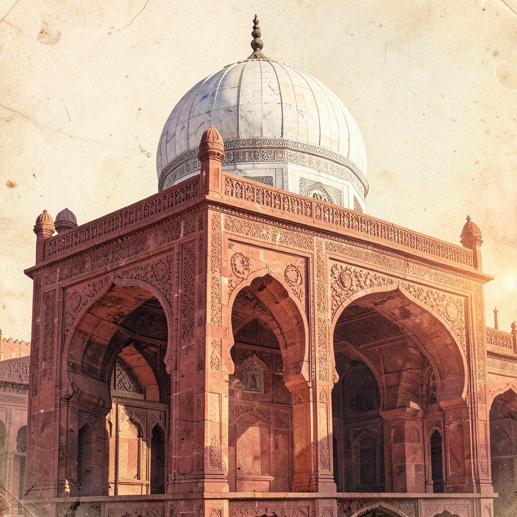 A detailed view of Humayuns Tomb Delhi India showing red sandstone arches and a white marble dome, intricate Mughal carvings, sunlight casting soft shadows, no people, historical illustration, artistic rendering, textured background, aspect ratio 1:1