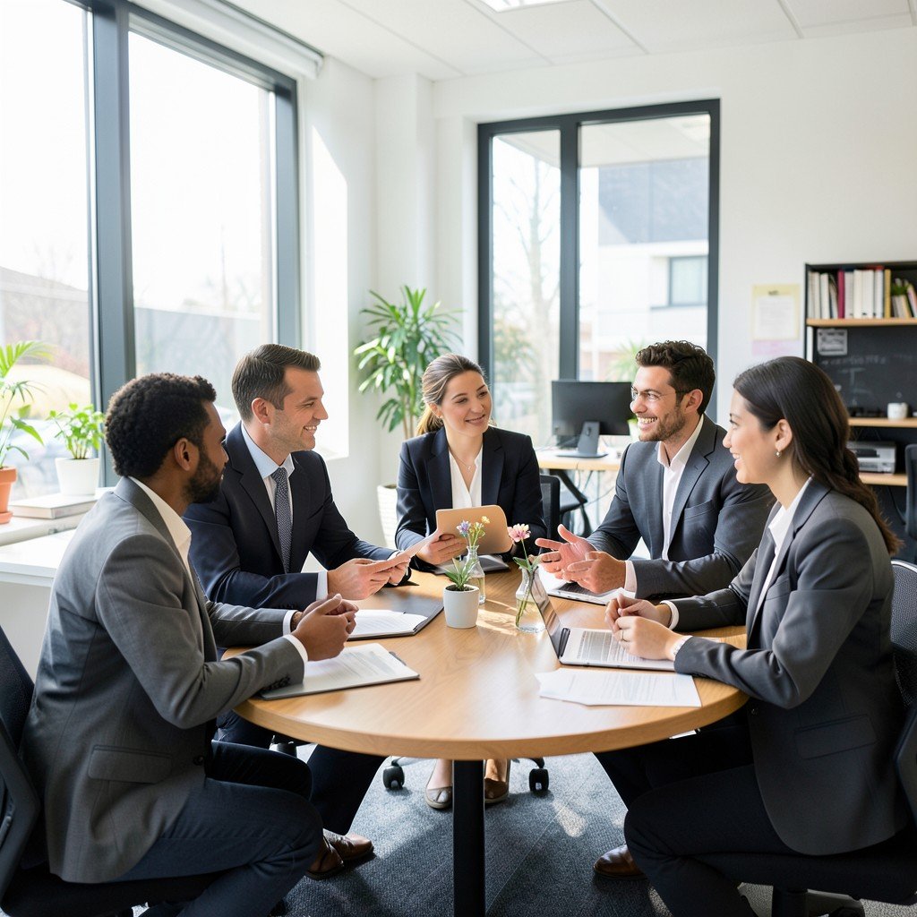 Professionals collaborating in a bright modern tech workspace diverse team discussing around a table natural lighting 1:1