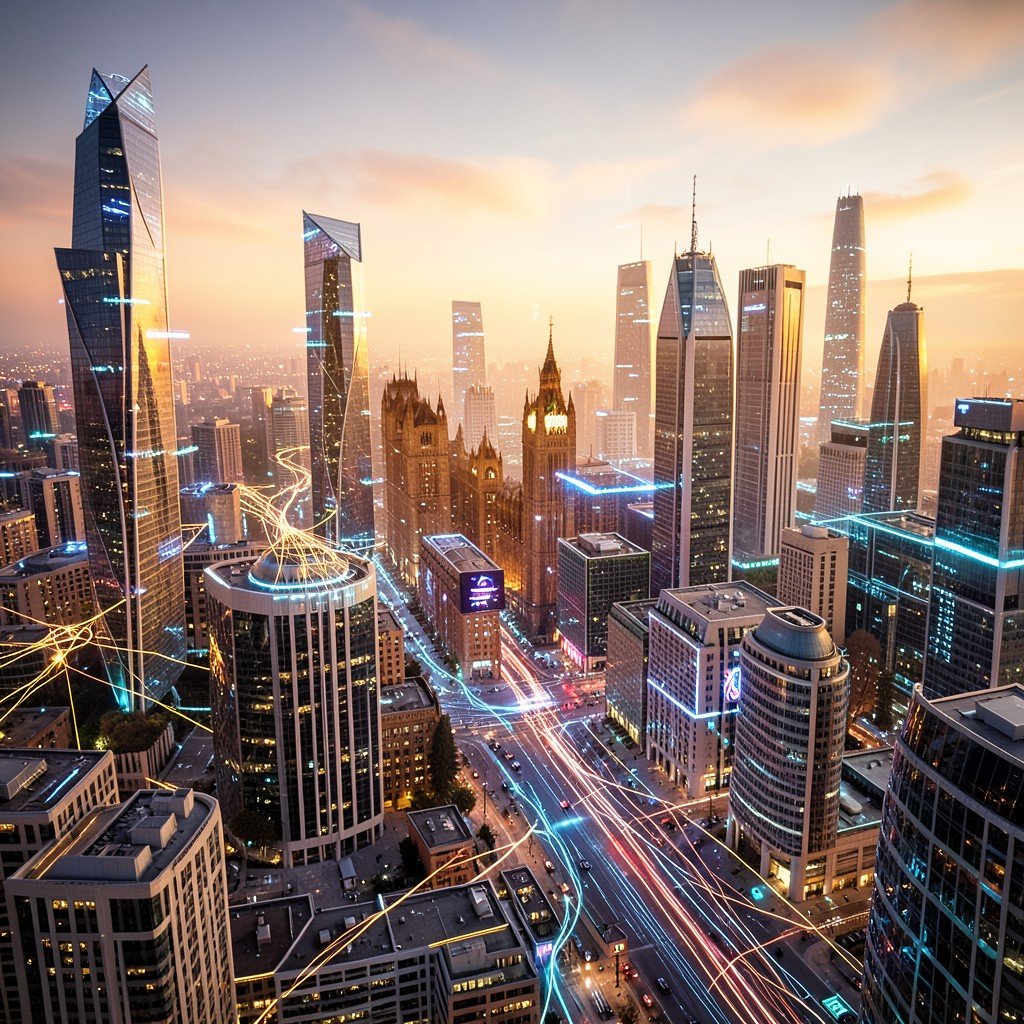 Abstract futuristic cityscape representing tech investment in London glowing digital connections modern buildings warm cinematic lighting 1:1
