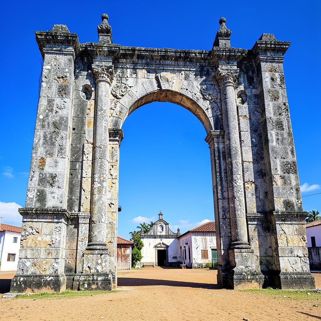 Tall stone archways of the Jesuit mission standing against a bright blue sky in Paraguay showing architectural grandeur no people aspect ratio 4:3
