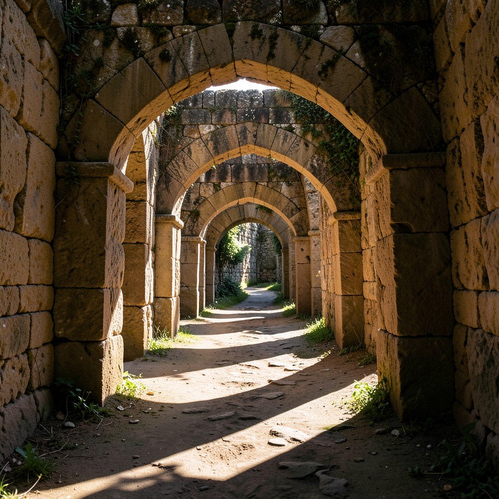 A peaceful path through ancient Jesuit mission archways with sunlight streaming through creating shadows on the ground aspect ratio 1:1