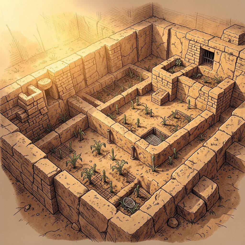 Excavated ancient Mayan farmer garden and storage at Joya de Ceren, detailed archaeological illustration, warm lighting, NO KOREAN TEXT, 4:3