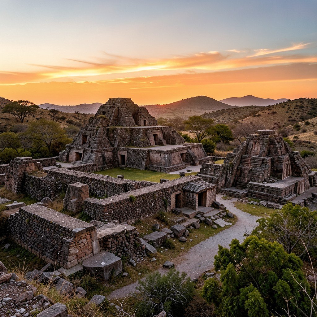 Quiet Mayan archaeological site at Joya de Ceren during sunset, lifestyle photography, warm lighting, natural setting, NO KOREAN TEXT, 4:3