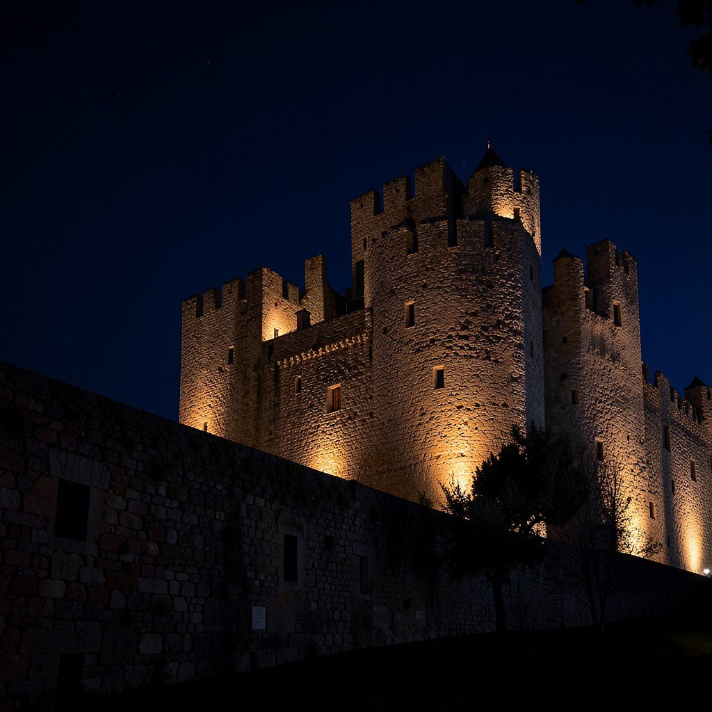 Spis Castle at night with subtle warm lighting on stone walls, dark blue sky, atmospheric photography, no people, no text, NO KOREAN Text, aspect ratio 4:3