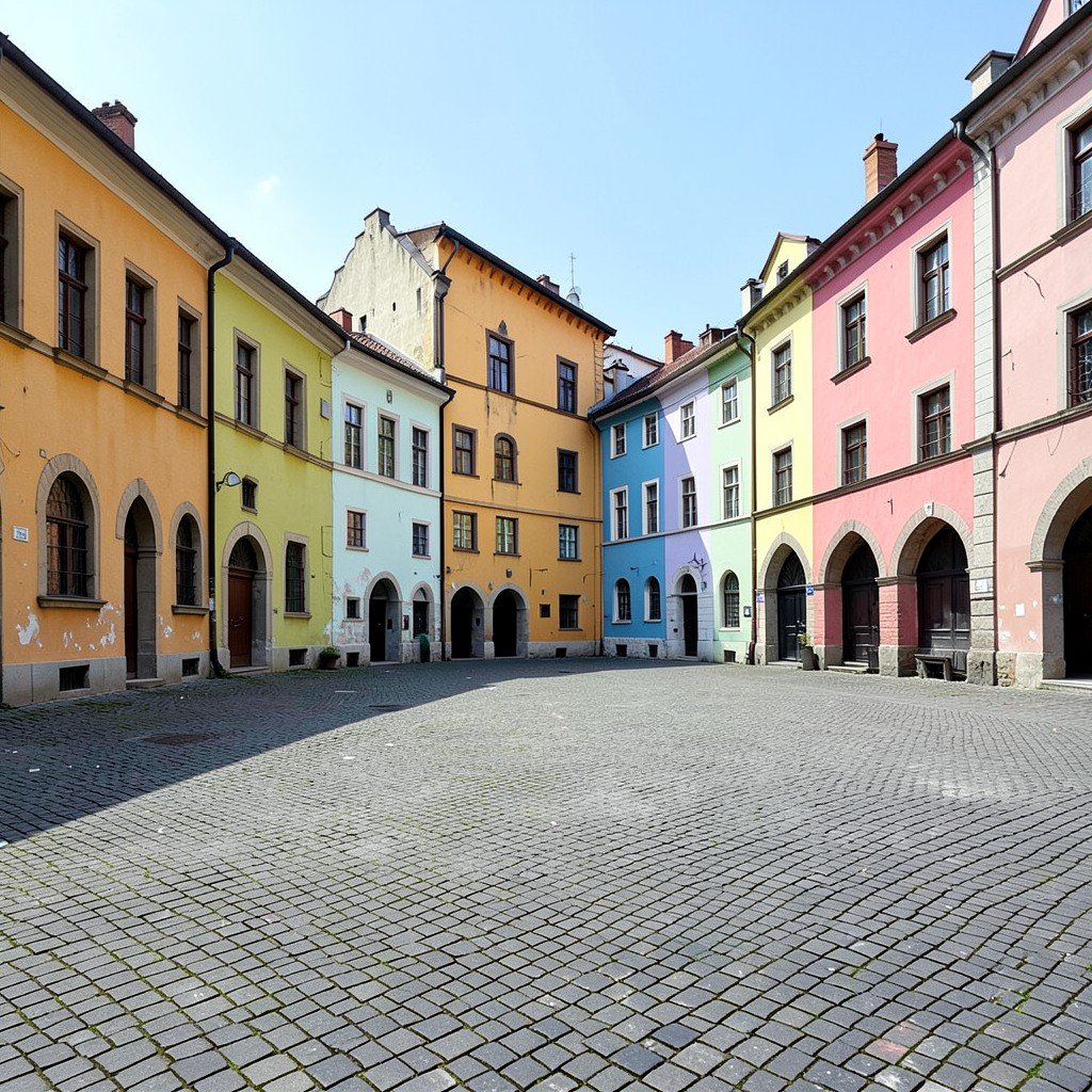 Cobblestone square in Levoca surrounded by colorful medieval buildings with arches, daytime, natural light, no people, no text, NO KOREAN Text, aspect ratio 1:1