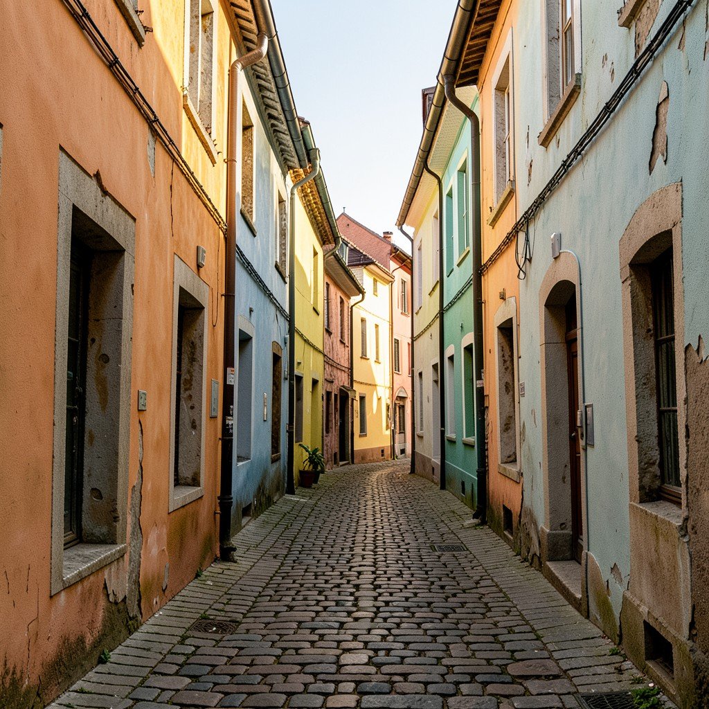 Narrow cobblestone alley in Levoca Slovakia with old pastel houses, warm afternoon sunlight, no people, no text, NO KOREAN Text, aspect ratio 4:3