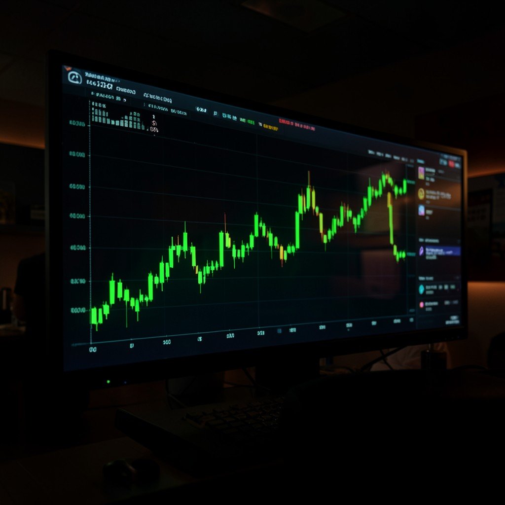 Financial trading screen showing green upward candlestick charts in a dark trading room, cinematic lighting, no text, no korean, aspect ratio 1:1