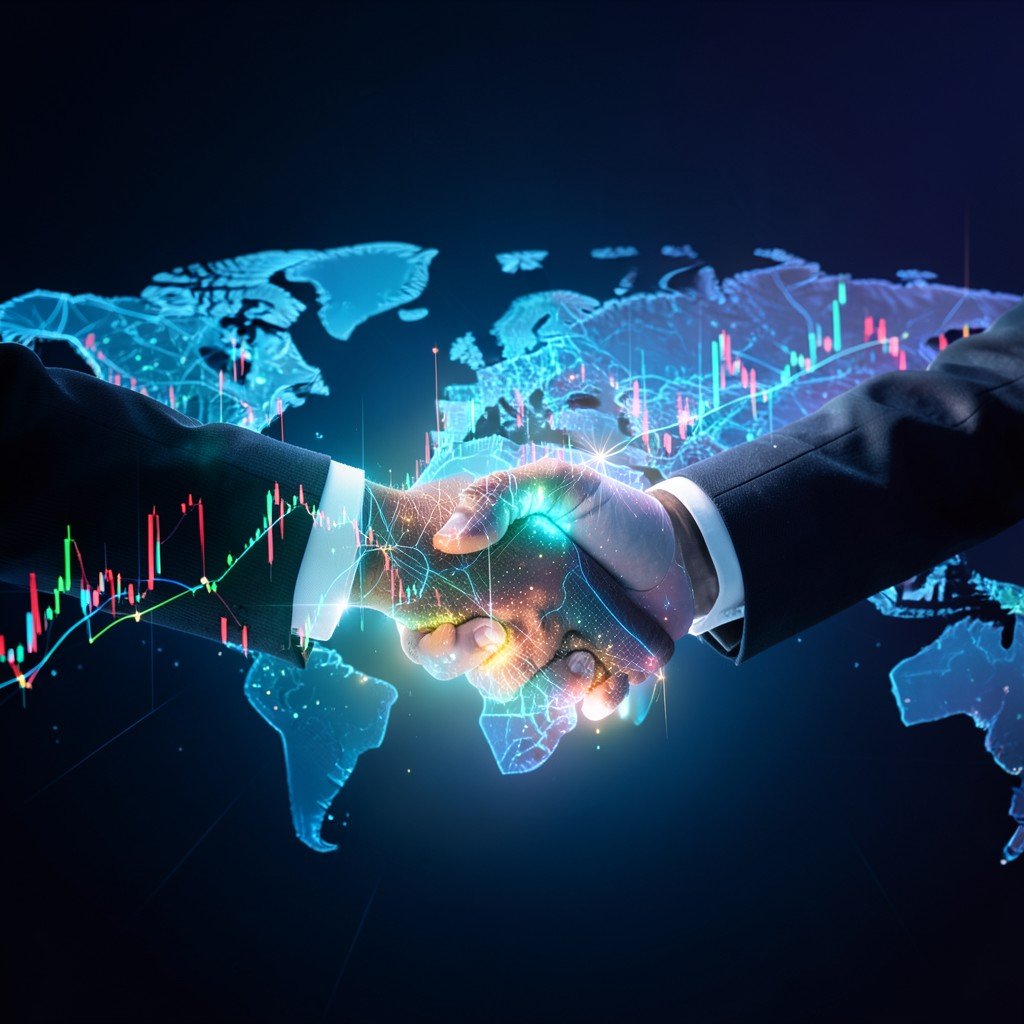 Abstract concept of global financial markets and geopolitical peace, a glowing handshake over a stylized digital map, modern corporate style, no text, aspect ratio 4:3