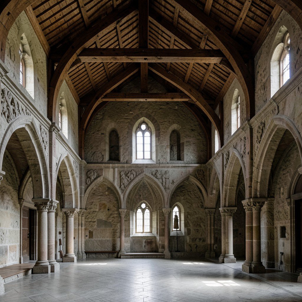 Interior of the Maulbronn Monastery church showing Romanesque and Gothic architectural elements, high wooden ceilings, stone pillars, soft natural light filtering through small arched windows, serene and solemn atmosphere, no people, no text, aspect ratio 4:3