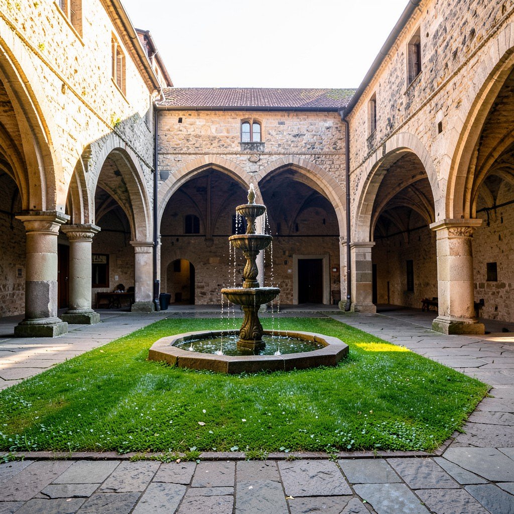 Sunlit cloister courtyard of Maulbronn Monastery, arched walkways surrounding a green lawn, fresh well water fountain in the center, peaceful medieval monastic atmosphere, warm afternoon light, no people, no text, aspect ratio 1:1