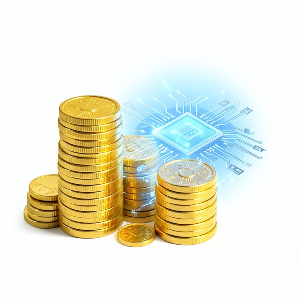 Concept of skyrocketing corporate value with gold coins stacking up next to a glowing AI microchip, clean infographic style, no text, aspect ratio 1:1
