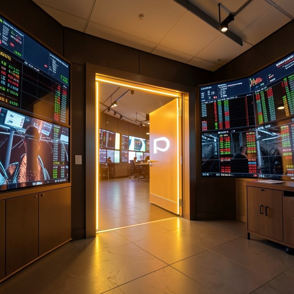 A glowing doorway opening on a financial trading floor representing an IPO, warm lighting, professional atmosphere, no text, aspect ratio 1:1