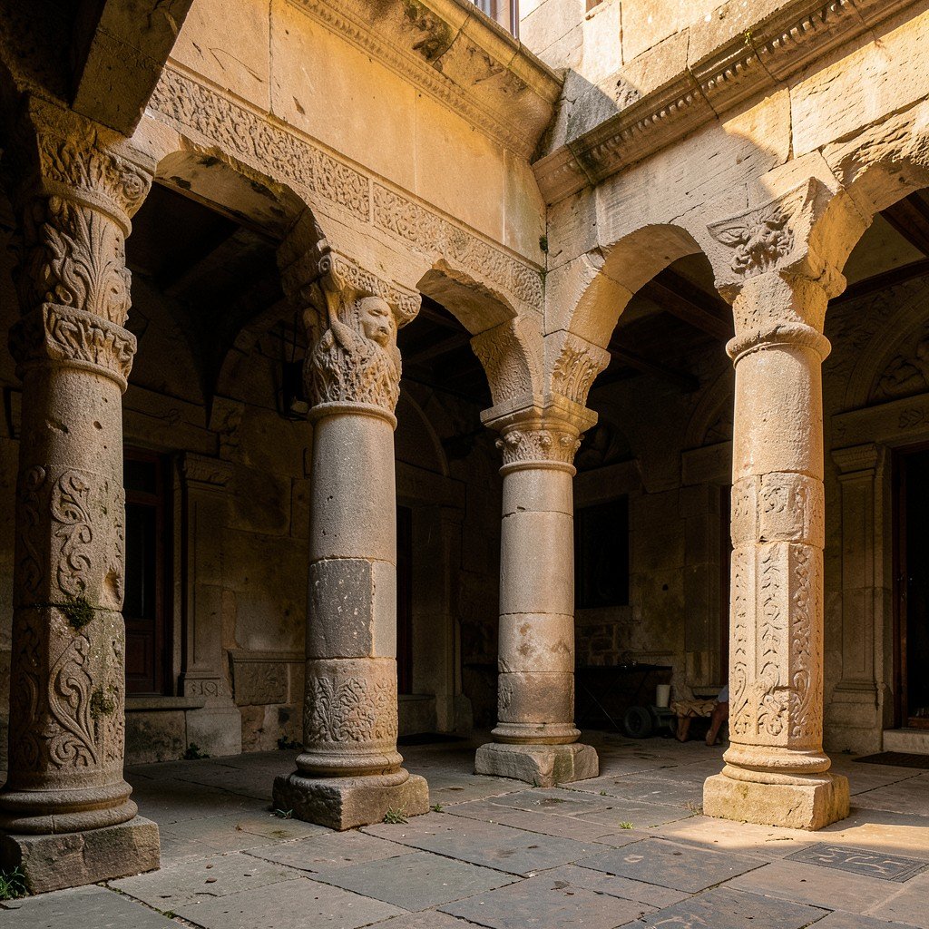 Inner courtyard of the Monastery of Horezu with carved stone columns and natural lighting, review style photography, warm lighting, no text, 4:3