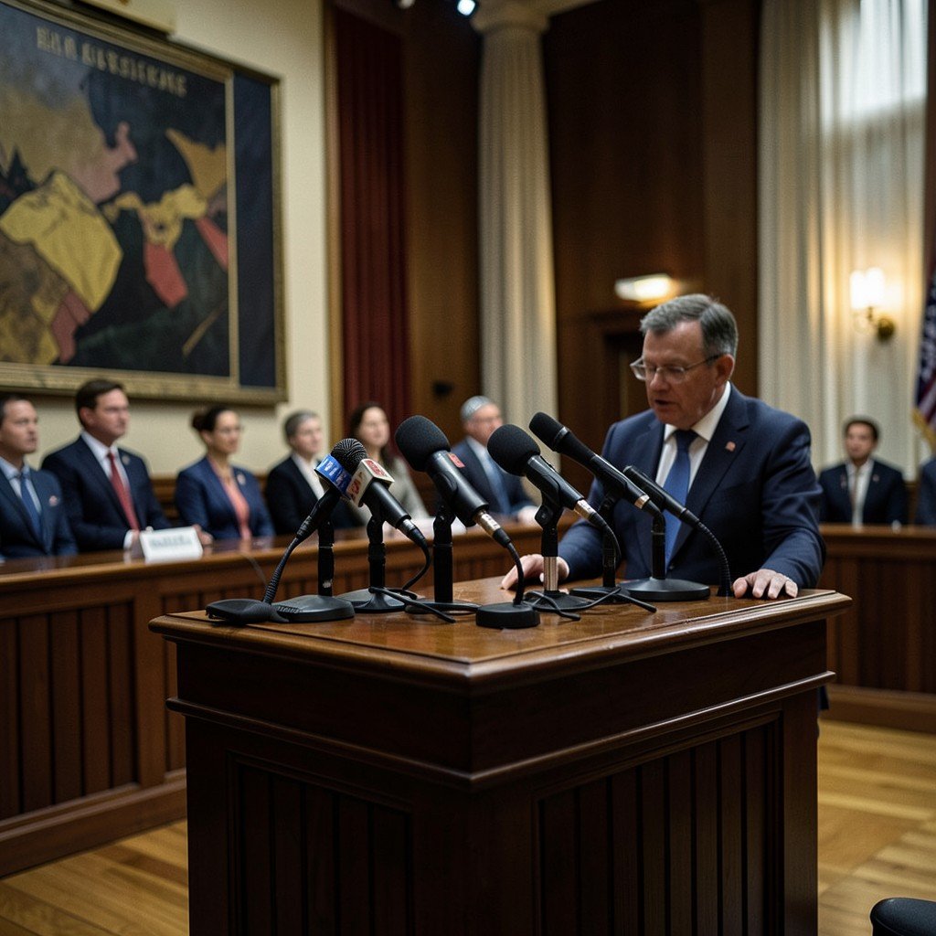 Press conference podium with multiple microphones in a federal building press room, focused lighting, formal setting, 1:1