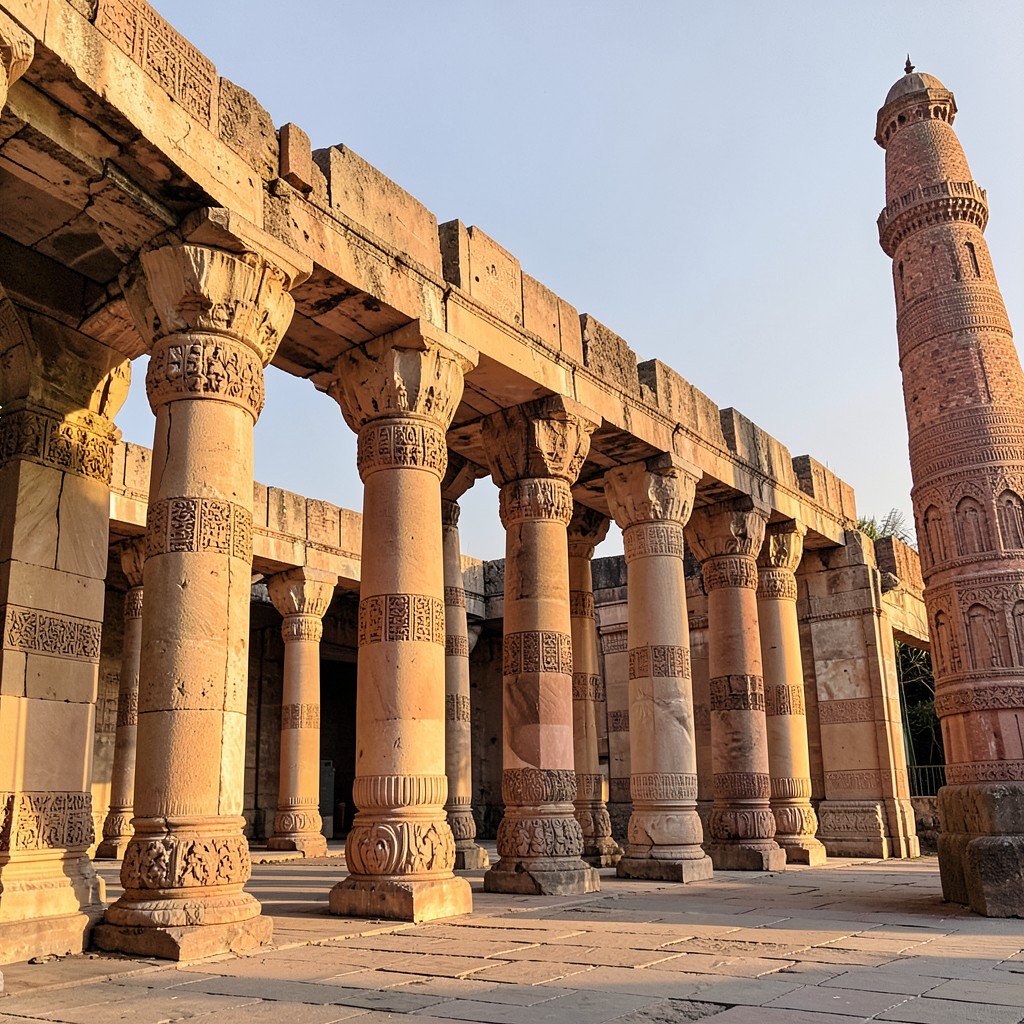 Ruins of Quwwat ul Islam mosque with rows of pillars in Qutb Minar complex Delhi, stone columns with detailed carvings, warm sunlight, no visible text, 4:3