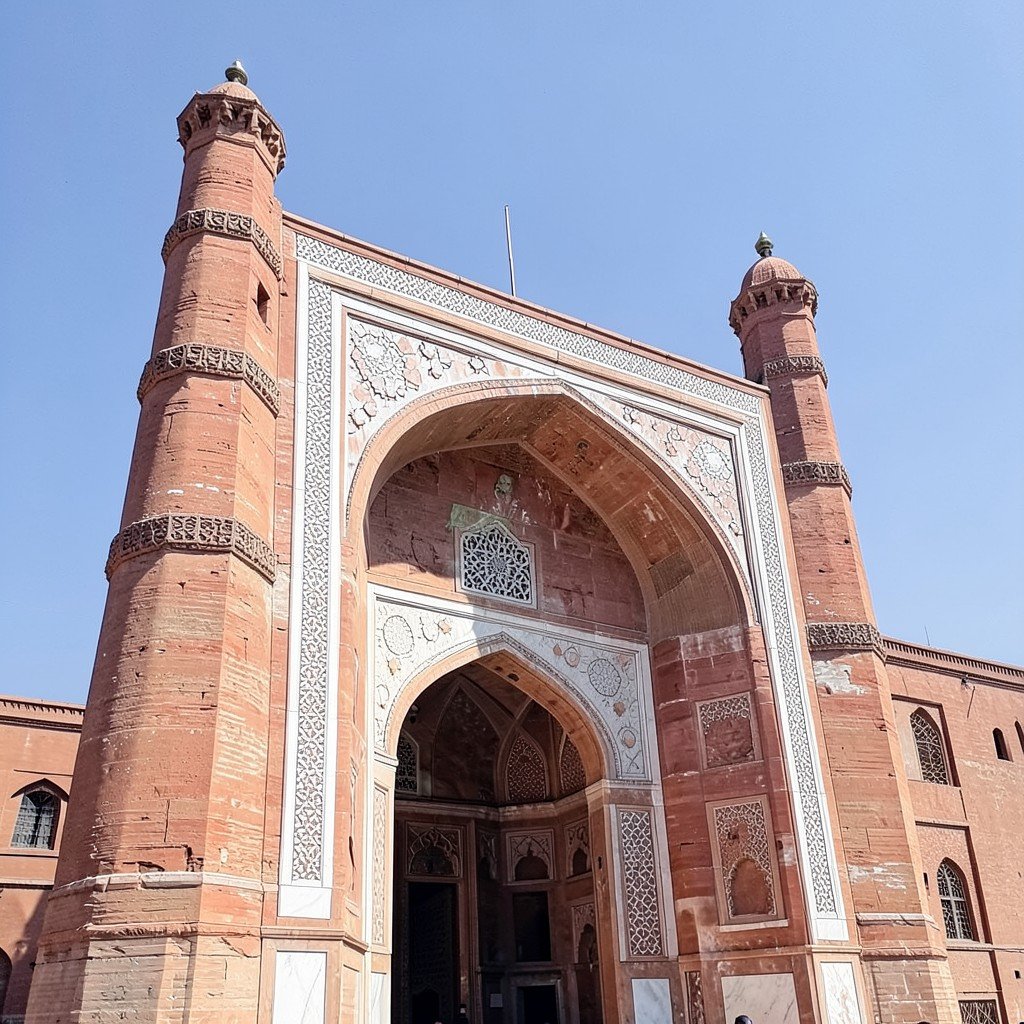 The ornate gateway of Alai Darwaza in Qutb Minar complex with red sandstone and white marble inlay, arches and Islamic geometric patterns, clear sky, no visible text, 4:3