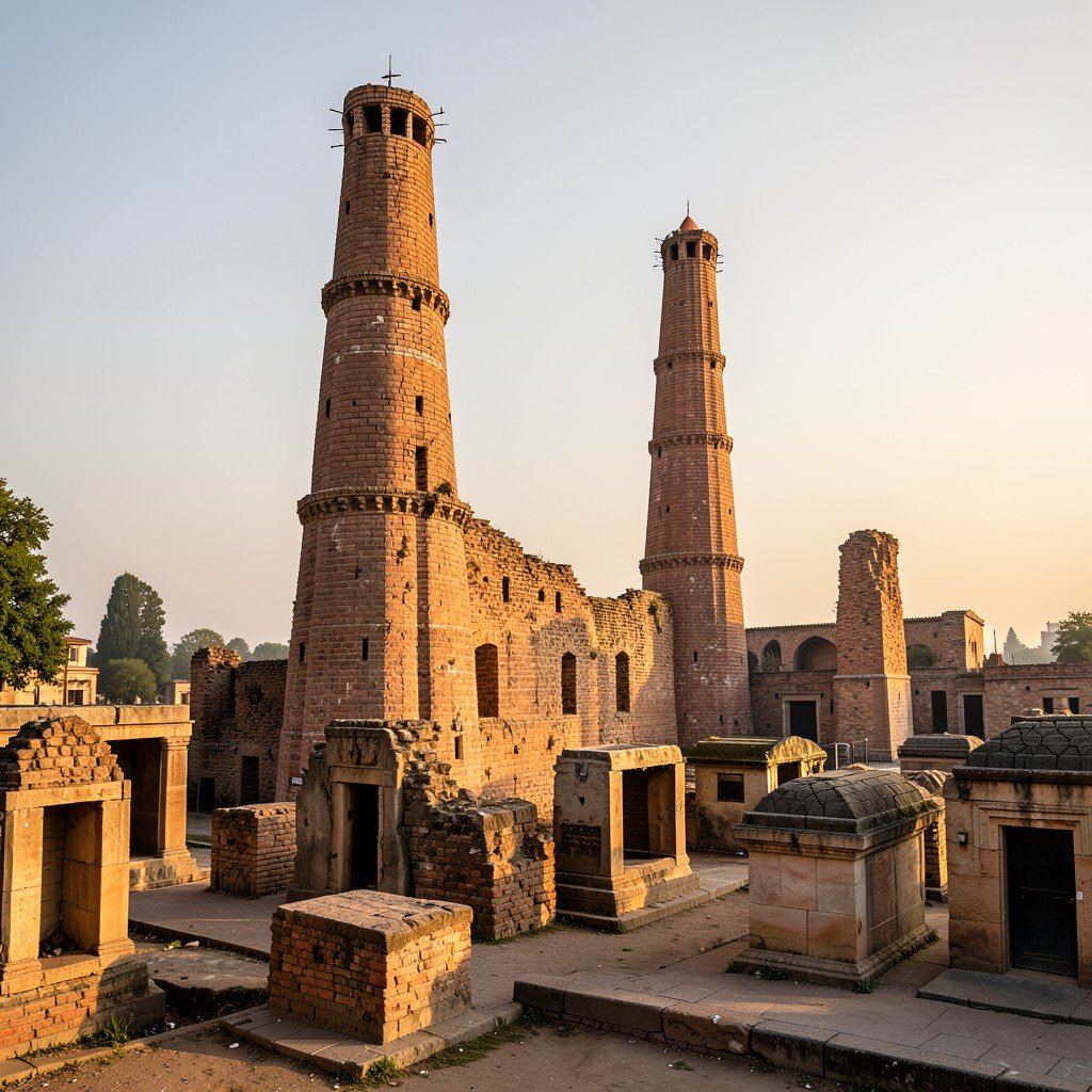 Wide shot of the Qutb Minar complex showing the unfinished Alai Minar ruins and surrounding ancient tombs, late afternoon golden hour lighting, no visible text, 1:1