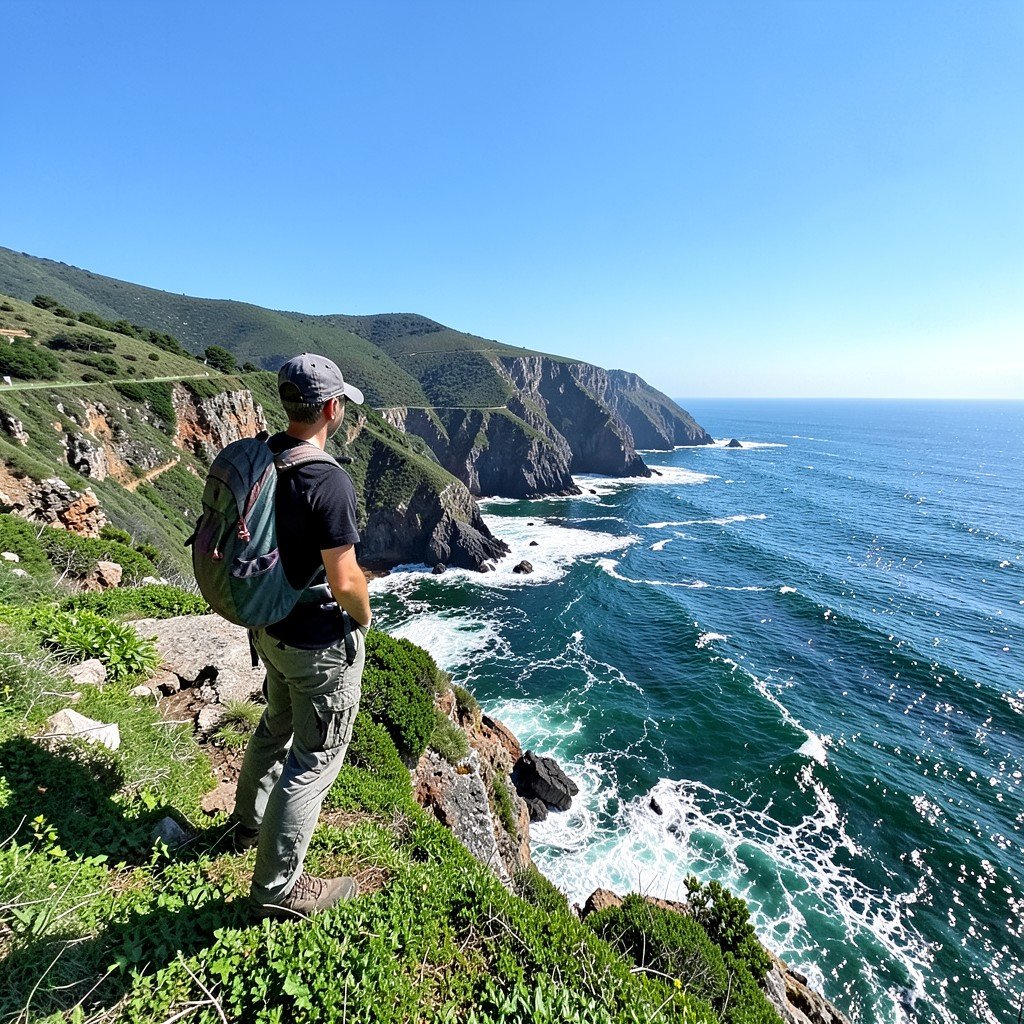 Hiker standing on a green cliff edge overlooking the rough Atlantic ocean in Northern Spain, dramatic coastline, clear sky, no text, scenic natural environment, aspect ratio 4:3