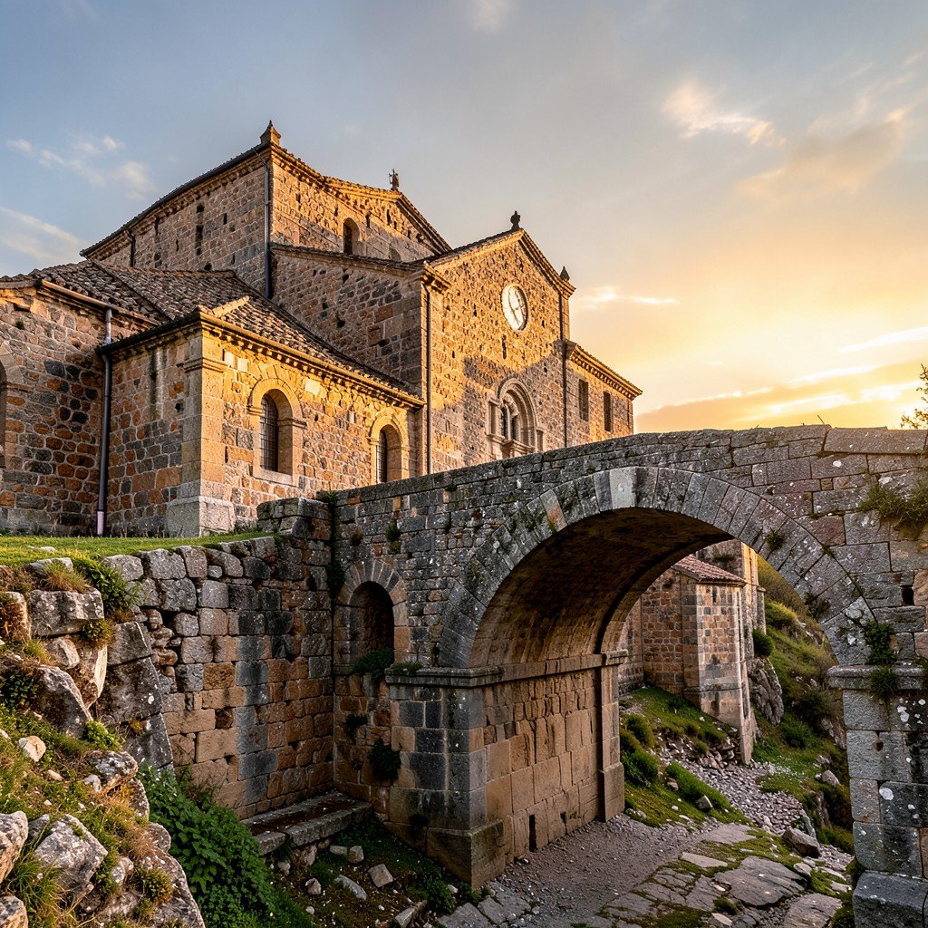 Ancient Romanesque stone church and arch bridge on the Routes of Santiago de Compostela, historical architecture, textured background, warm sunset lighting, no text, aspect ratio 1:1