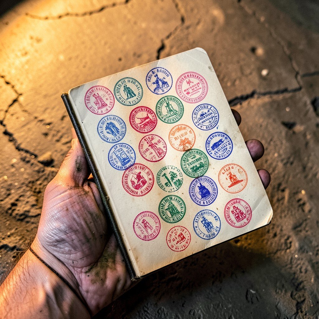 A weathered hand holding a pilgrim credential booklet with multiple colorful ink stamps, warm lighting, textured background, no text, close up photography, aspect ratio 1:1
