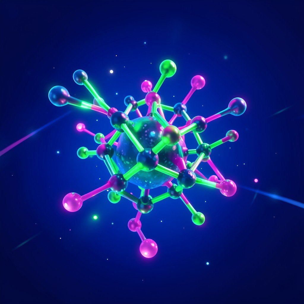 Digital illustration of a complex molecular structure floating in a 3D space representing AI drug discovery and molecular analysis deep blue background with glowing neon green and pink accents no text 1:1