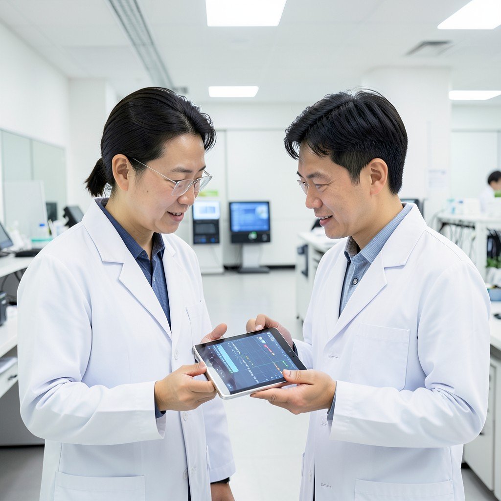 Two Korean pharmaceutical researchers in white lab coats discussing while looking at data on a tablet in a modern laboratory setting bright balanced lighting no empty margins clean environment 1:1