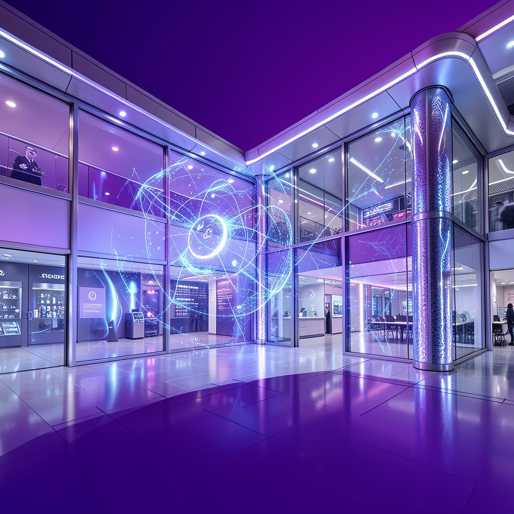 Futuristic architecture of a modern pharmaceutical research center with a glowing AI hologram in the lobby deep purple gradient background visually rich and full frame no text 1:1