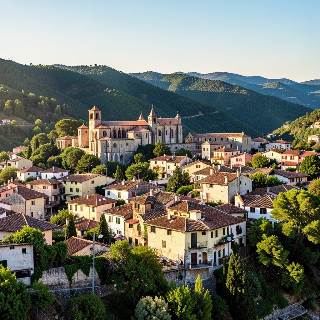 Panoramic view of Guadalupe village in Spain with the Royal Monastery in the background, green hills, clear sky, natural warm lighting, 4:3