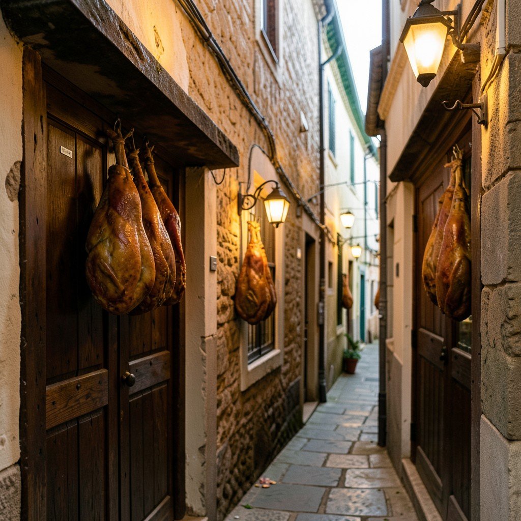 Traditional Spanish restaurant alleyway in Guadalupe Spain with rustic wooden doors hanging hams and warm lights no people 1:1
