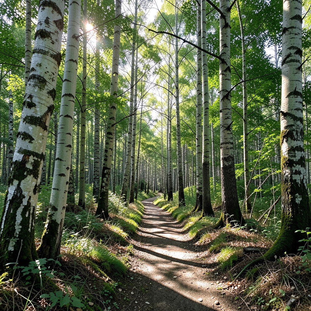 A hiking trail through a dense forest of Siebold's beech trees in Shirakami-Sanchi, sunlight filtering through leaves, serene atmosphere, no people, no text, 1:1
