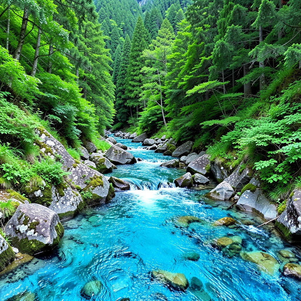 Clear blue stream flowing over rocks in Anmon Gorge, Shirakami-Sanchi, surrounded by green forest, vibrant nature, no people, no text, 4:3