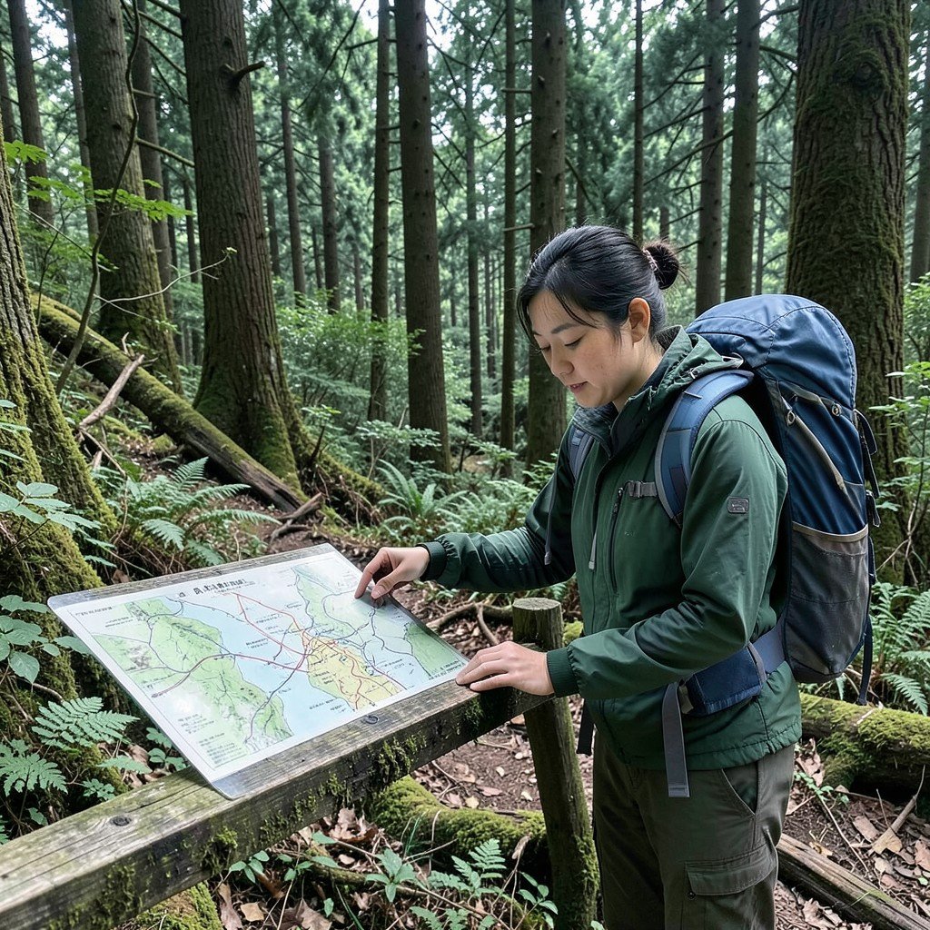 A hiker checking a wooden trail map in the deep forest of Shirakami-Sanchi, wearing outdoor gear, natural expression, Korean appearance, no text, 1:1