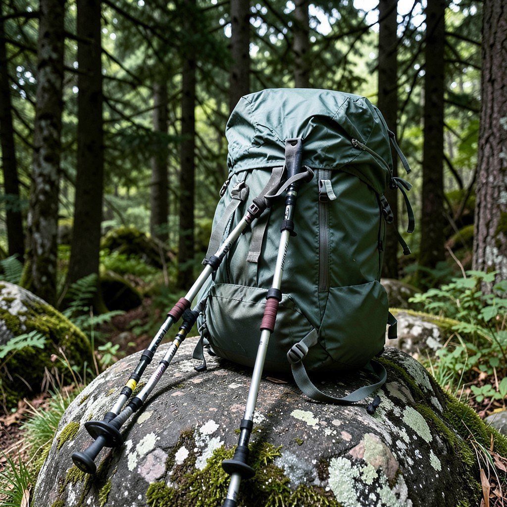 Outdoor backpack with hiking poles and rain cover placed on a rock in Shirakami-Sanchi forest, detailed gear, no people, no text, 4:3