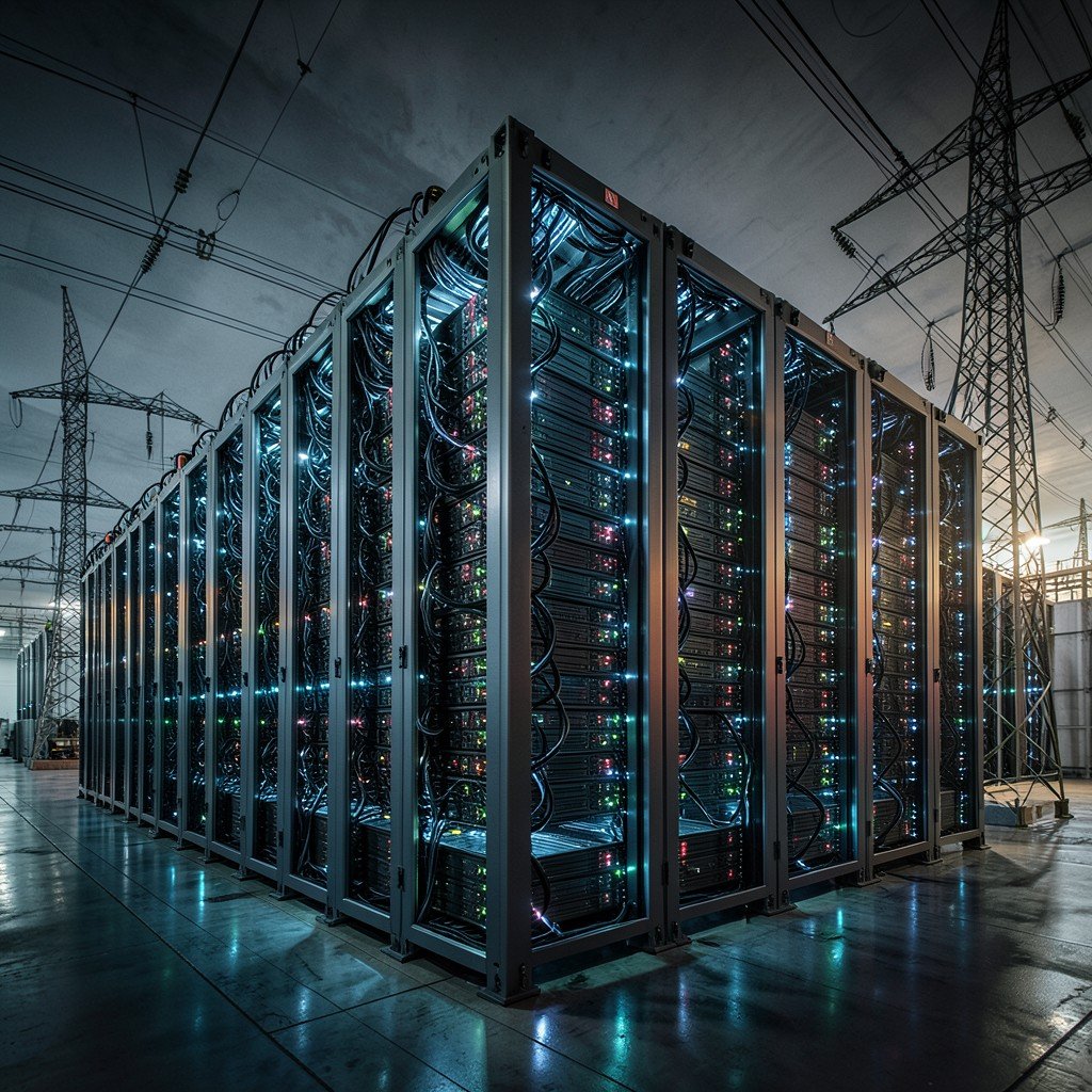 Massive AI data center power infrastructure with glowing servers and high capacity power lines in the background, cinematic lighting, realistic industrial style, aspect ratio 1:1