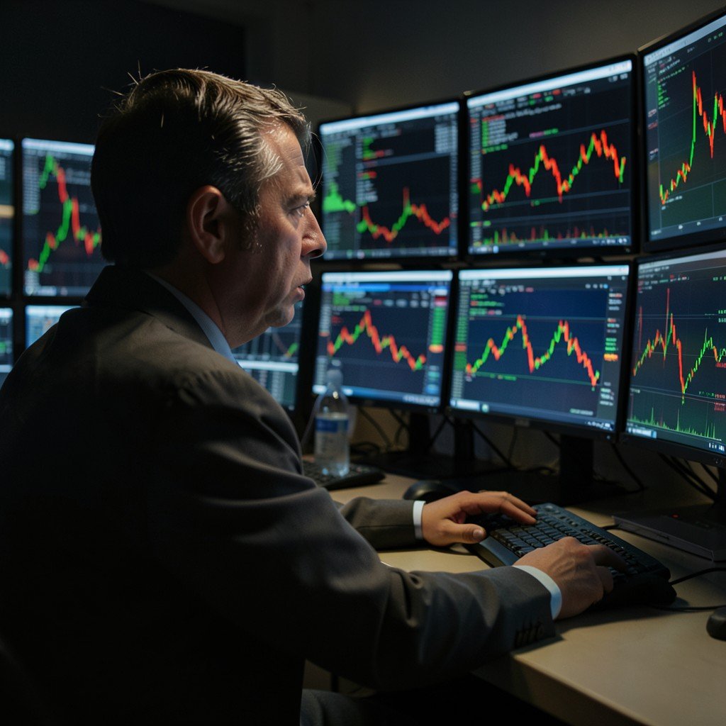 Anxious stock trader looking at multiple monitors showing red and green stock charts in a dimly lit trading room, realistic financial atmosphere, aspect ratio 1:1