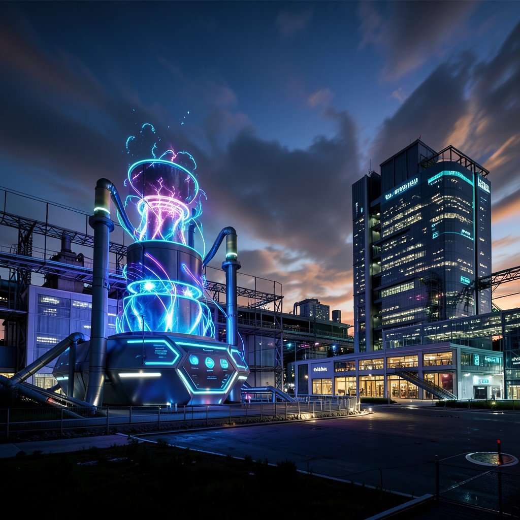 Futuristic glowing power generation facility next to a high tech data center at dusk, dramatic sky, modern industrial architecture, aspect ratio 1:1
