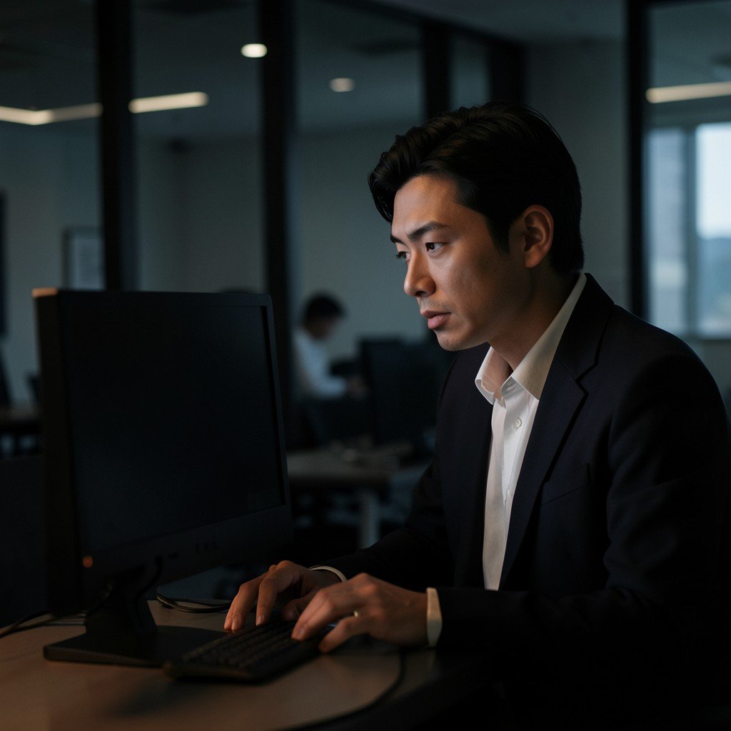 A thoughtful Korean professional looking at a monitor in a dimly lit modern office, focused expression, cinematic lighting, no text, 4:3