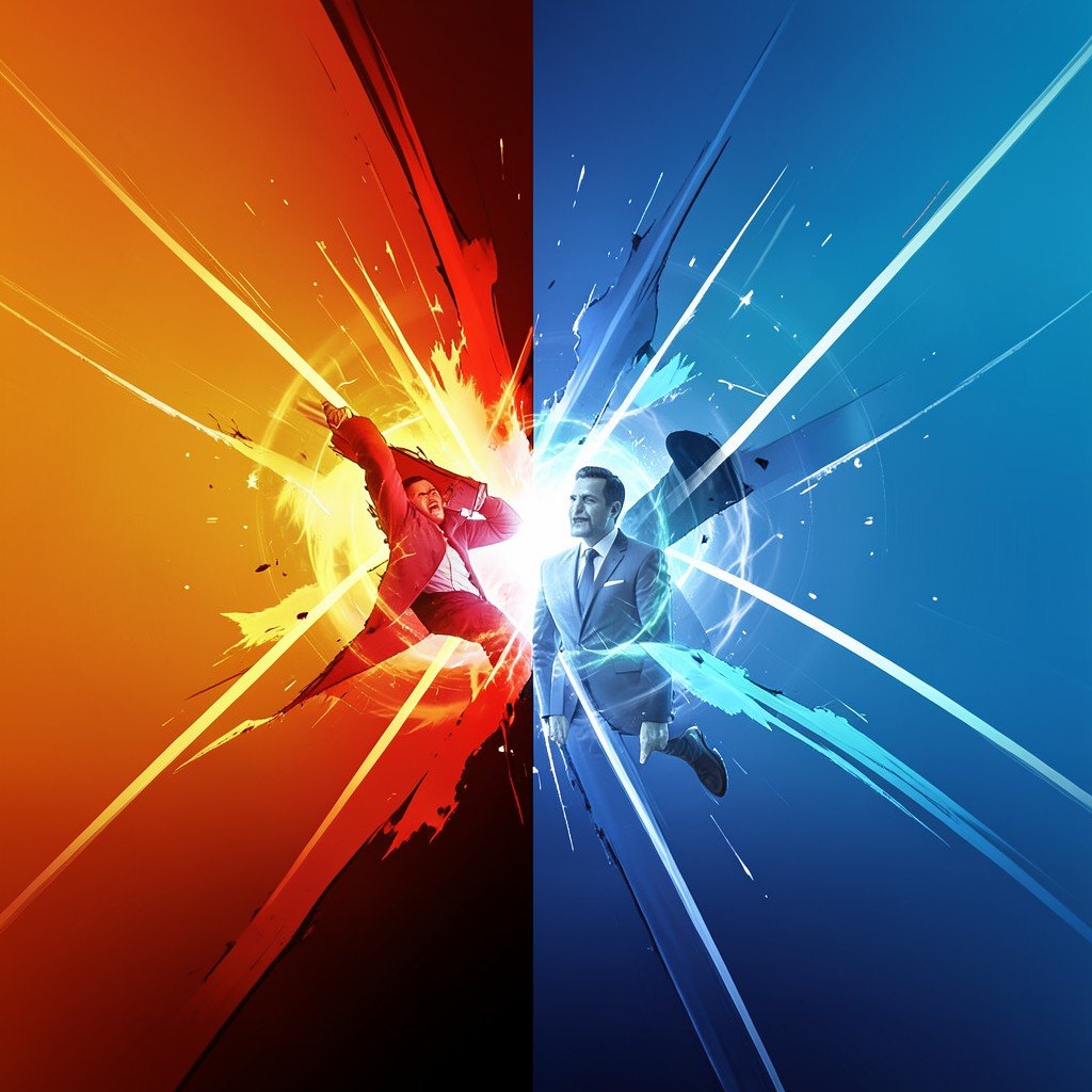 Two abstract forces clashing in a dynamic visual, warm vs cool color contrast, corporate rivalry concept, no text, aspect ratio 1:1