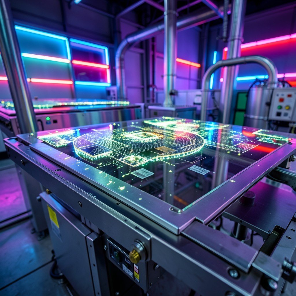 A close up view of an advanced semiconductor manufacturing facility interior with glowing silicon wafers, colorful neon background, highly detailed, no text, aspect ratio 1:1