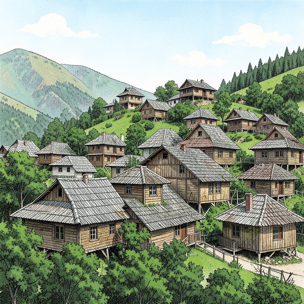 1800년대 목조 마을의 정경