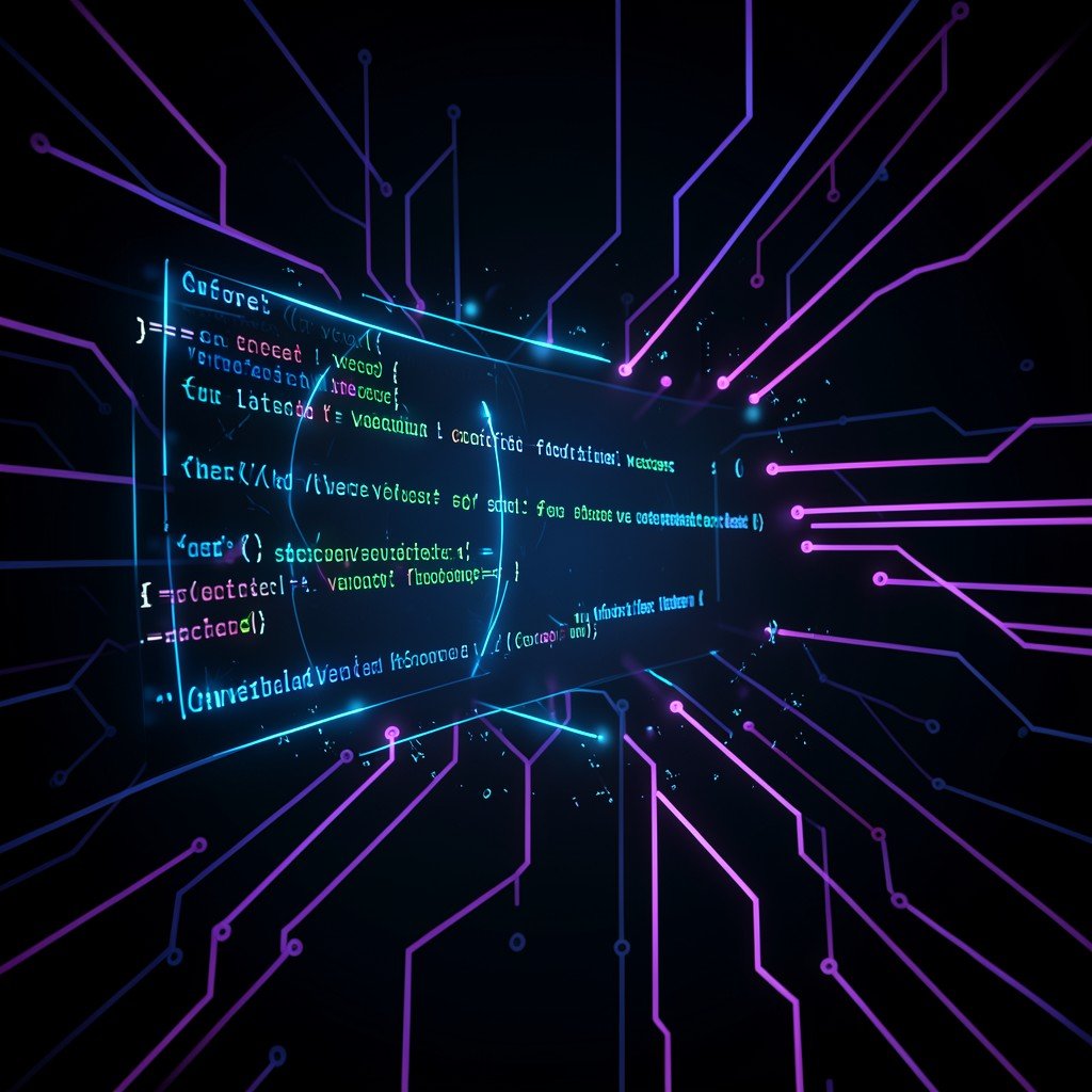 Abstract digital illustration of artificial intelligence scanning a software code to find vulnerabilities glowing blue and purple circuit lines on dark background modern 1:1