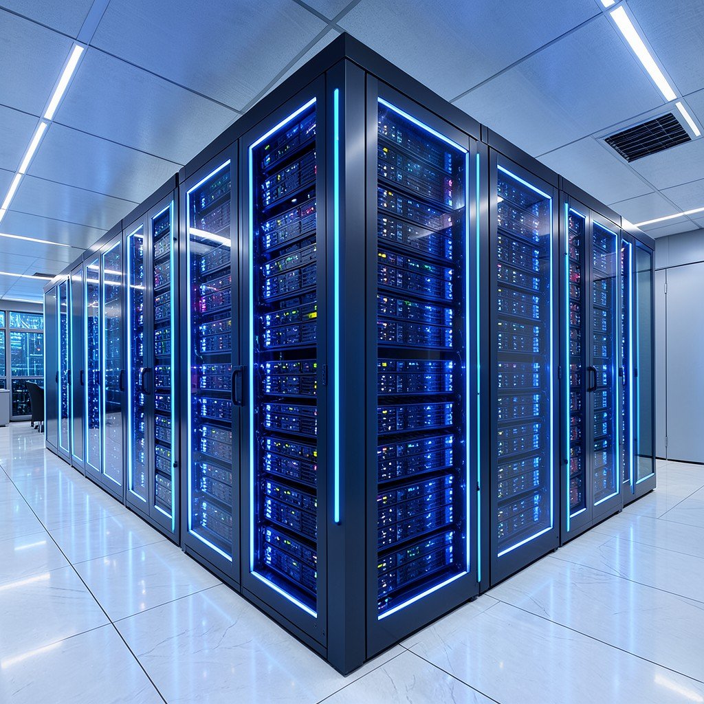 Futuristic data center with glowing blue server racks, clean modern corporate technology aesthetic, no text, aspect ratio 1:1