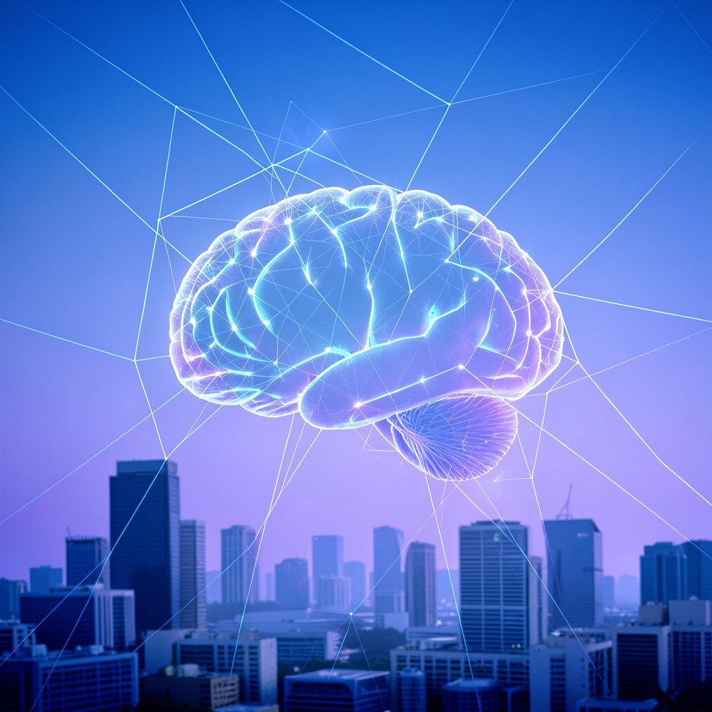 Abstract glowing digital brain and connected network lines over a modern cityscape, smooth blue and purple gradient background, no text, aspect ratio 1:1