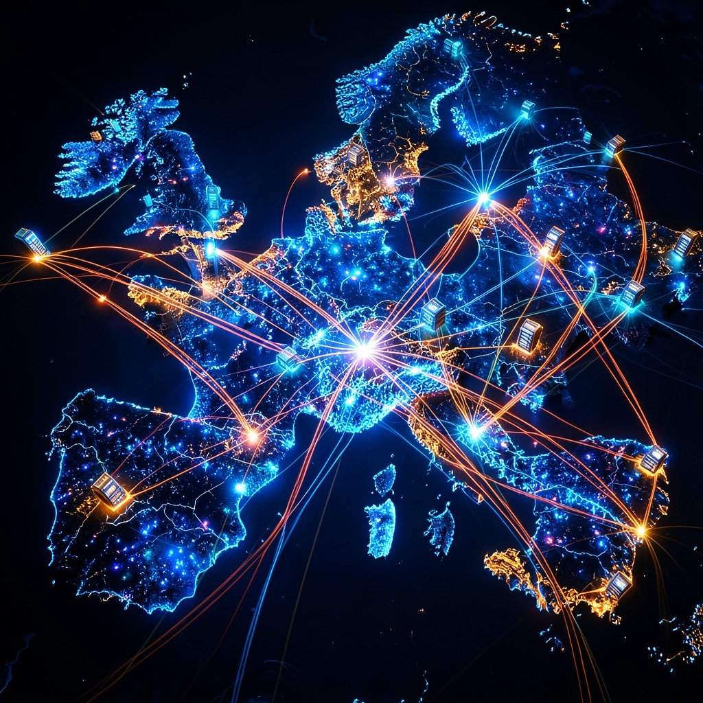 Glowing network connections across a futuristic map of Europe, data flowing between server nodes, vibrant blue and orange lighting, no korean text, aspect ratio 4:3