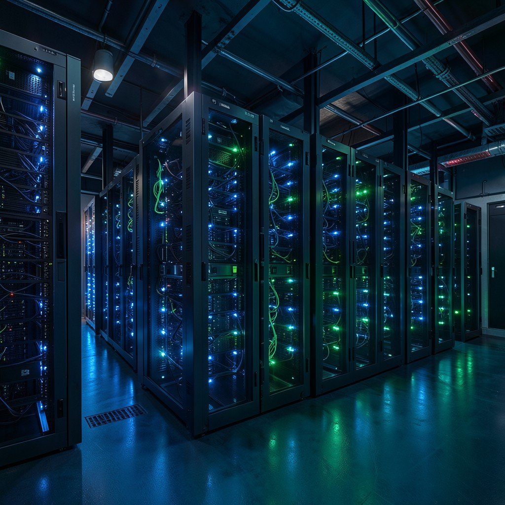 Rows of high-performance AI computing servers in a modern data center, glowing blue and green LED lights, dark atmosphere, high-tech infrastructure, realistic detail, 1:1