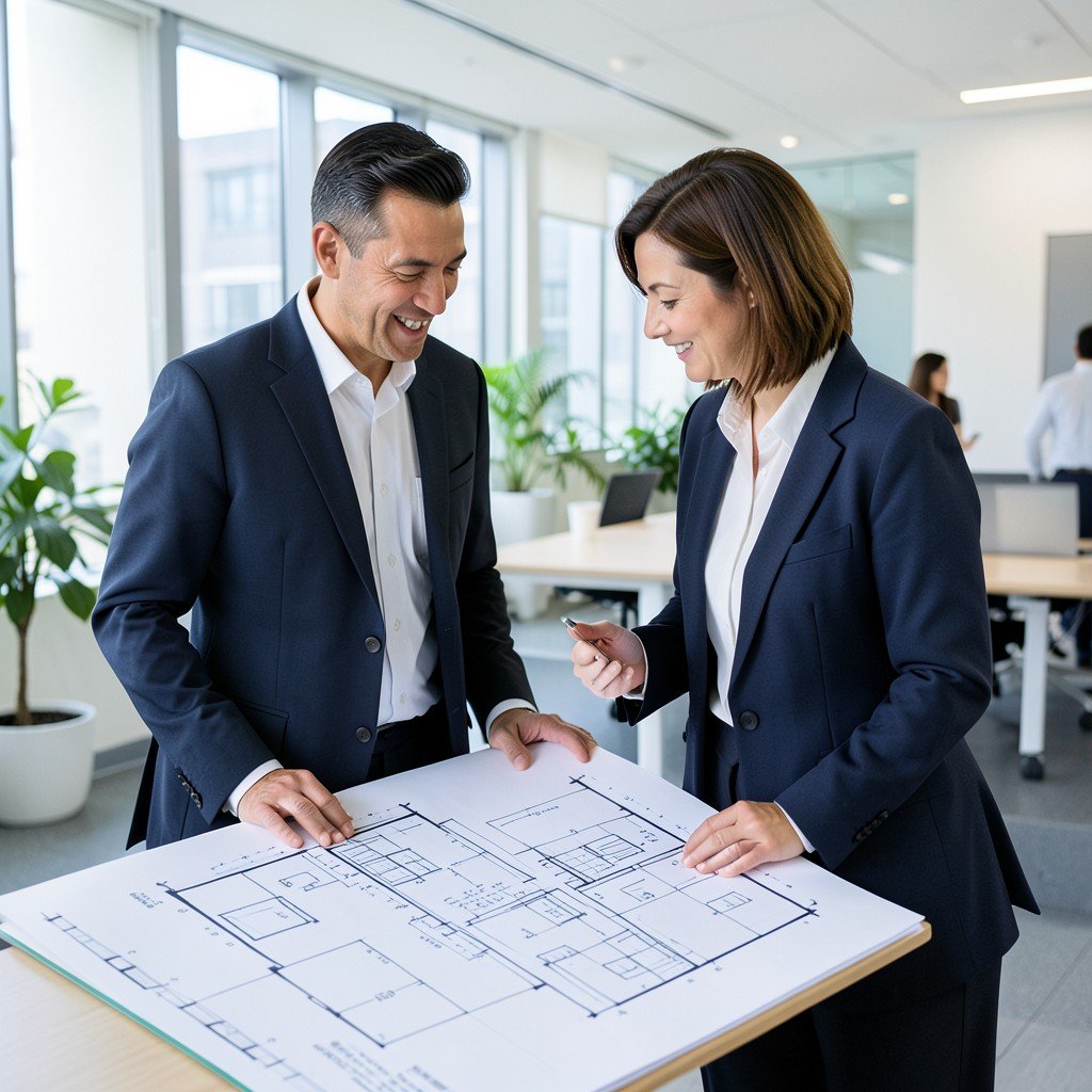 Two professional executives in suits discussing plans while looking at a large blueprint of a new office space, modern bright office background, corporate lifestyle photography, NO KOREAN Text, 4:3